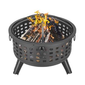 liuxuefe round outdoor fire pit, brazier poker spark screen outside flame retardant net cover, metal grate black