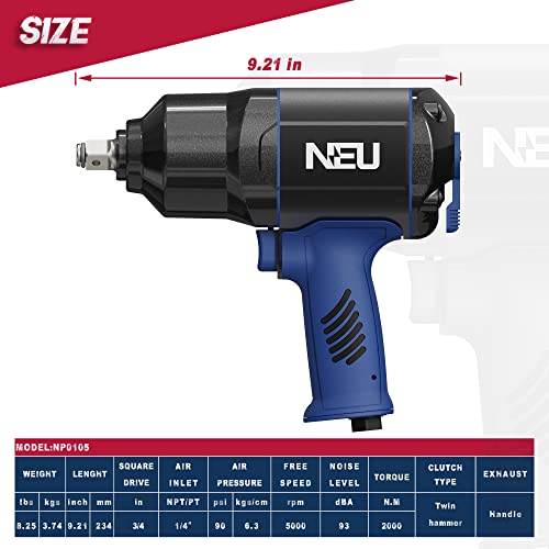 Air Impact Wrench 3/4 inch,PNEUPACTURE 1480FT-LB Air Impact Wrench with Twin Hammers,5500RPM High Torque Air Impact Wrench