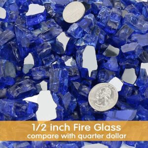 GRISUN Cobalt Blue Fire Glass for Fire Pit 1/2 Inch High Luster Reflective Tempered Glass Rocks, 18 Inch Fire Pit Burner Ring and Installation Kit