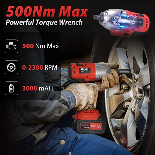 20V Cordless Impact Wrench 1/2 inch,Electric Power Impact wrenches,Brushless Motor Impact Gun,Max Torque 368 ft-lbs (500N.m) 3.0A Li-ion Battery,6Pcs Driver Impact Sockets,Gloves,Fast Charger.