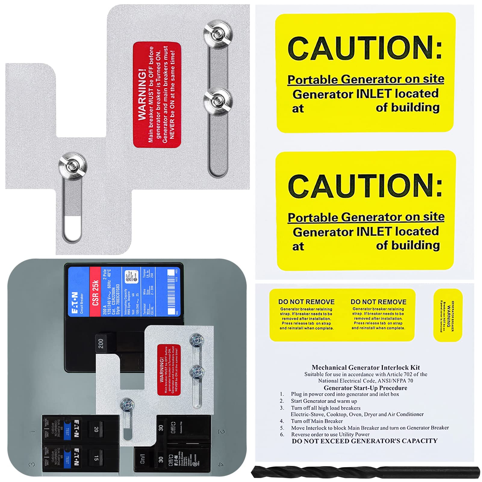 Generator Interlock Kit Compatible with Eaton Cutler Hammer BR SERIES 150 and 200 amp Panels, Generator Horizontal Electrical Interlock Kit, 1 1/4-1 7/16 inches Spacing Between Main and Branch Breaker