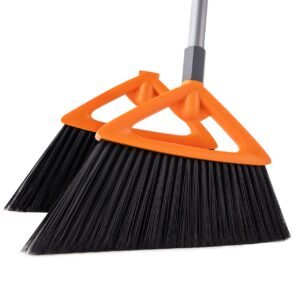 cleanhome outdoor broom for sweeping with 2 heads, commercial household heavy-duty long handle deck broom, indoor kitchen broom for garage courtyard lobby sidewalks office home school