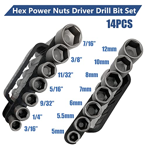 Apalie 14Pcs Hex Power Nuts Driver Drill Bit Tools Set,1/4 Inch Hex Shank Socket Adapter, Metric Screw Socket Wrench Set