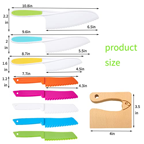 9 Pcs Kids Knife Set, Godkider Kid Safe Knives for Real Cooking, Montessori Kitchen Tools for Toddlers include Wooden Toddler Kitchen Knife & Plastic Serrated Edges Children Knives, Fish