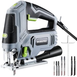 workpro jigsaw, 6.5amp 850w corded electric jig saw tool kit with 6 variable speeds, 7 blades, ±45° bevel cutting, led light, 3000 spm, 4 orbital settings, edge guide, tool-free blade changing