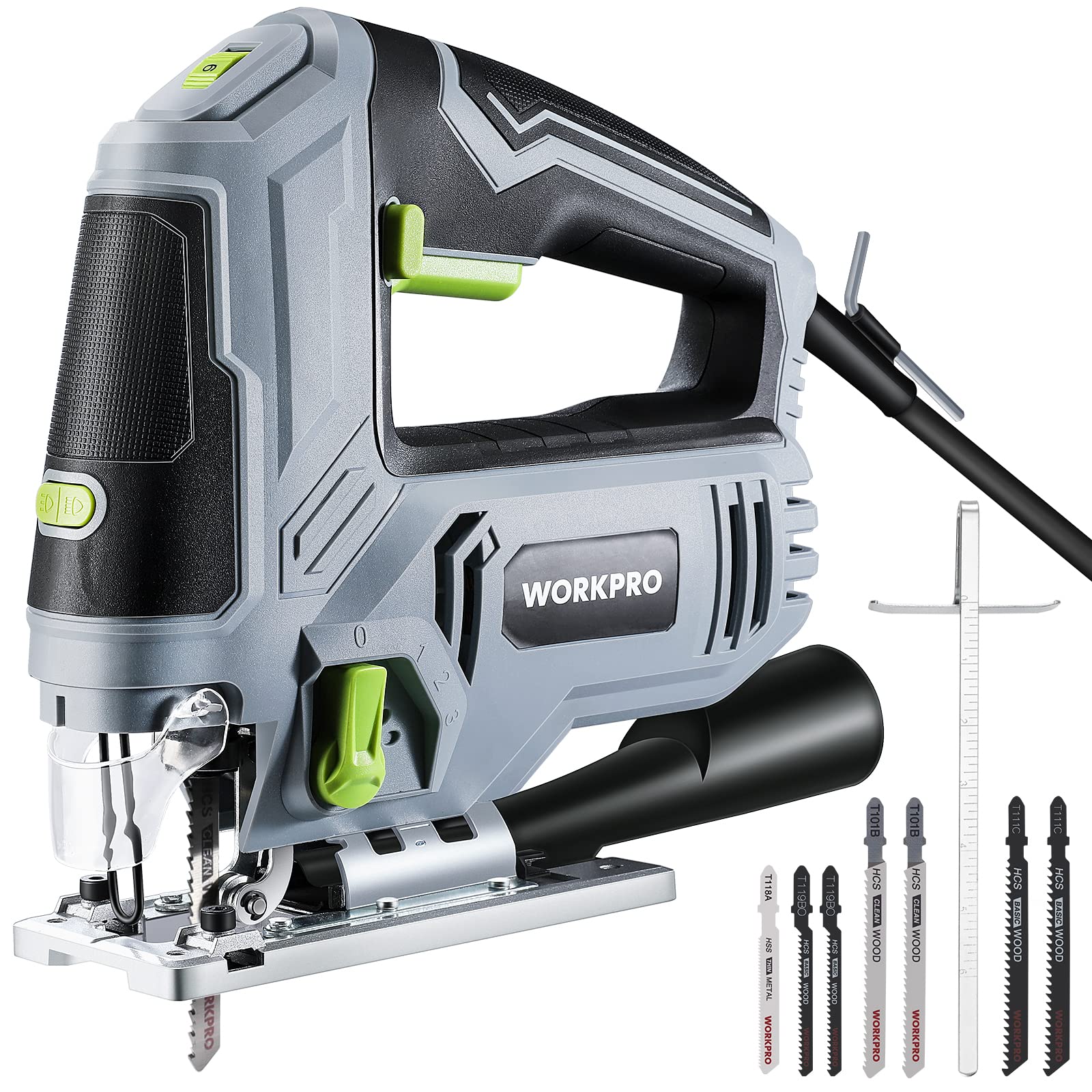 WORKPRO Jigsaw, 6.5AMP 850W Corded Electric Jig Saw Tool Kit with 6 Variable Speeds, 7 Blades, ±45° Bevel Cutting, LED Light, 3000 SPM, 4 Orbital Settings, Edge Guide, Tool-free Blade Changing