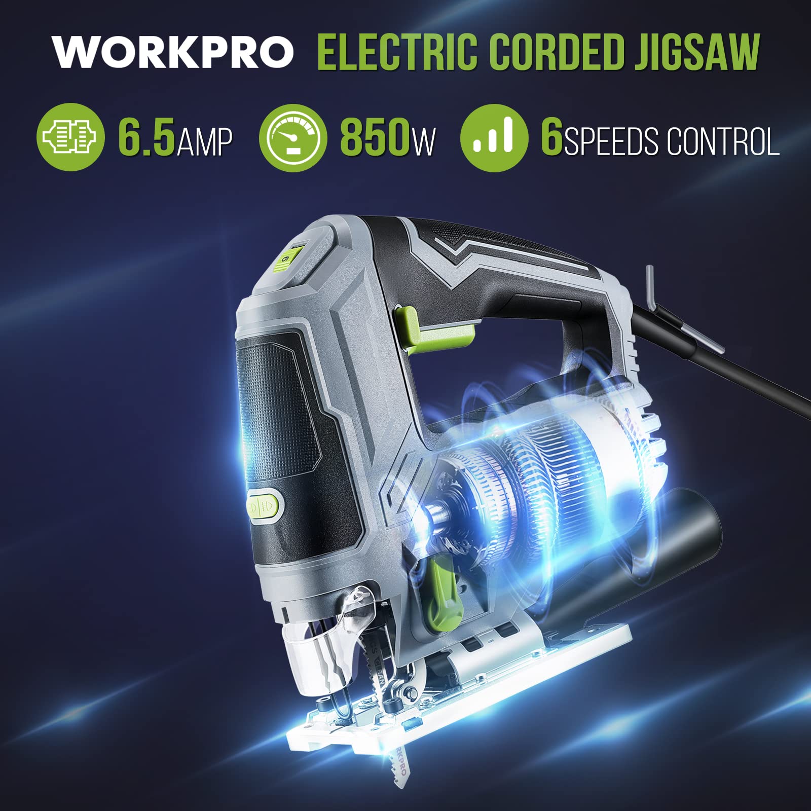 WORKPRO Jigsaw, 6.5AMP 850W Corded Electric Jig Saw Tool Kit with 6 Variable Speeds, 7 Blades, ±45° Bevel Cutting, LED Light, 3000 SPM, 4 Orbital Settings, Edge Guide, Tool-free Blade Changing