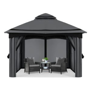 mastercanopy 8x8ft outdoor patio gazebo with mosquito netting for backyard, patio, garden dark gray/black
