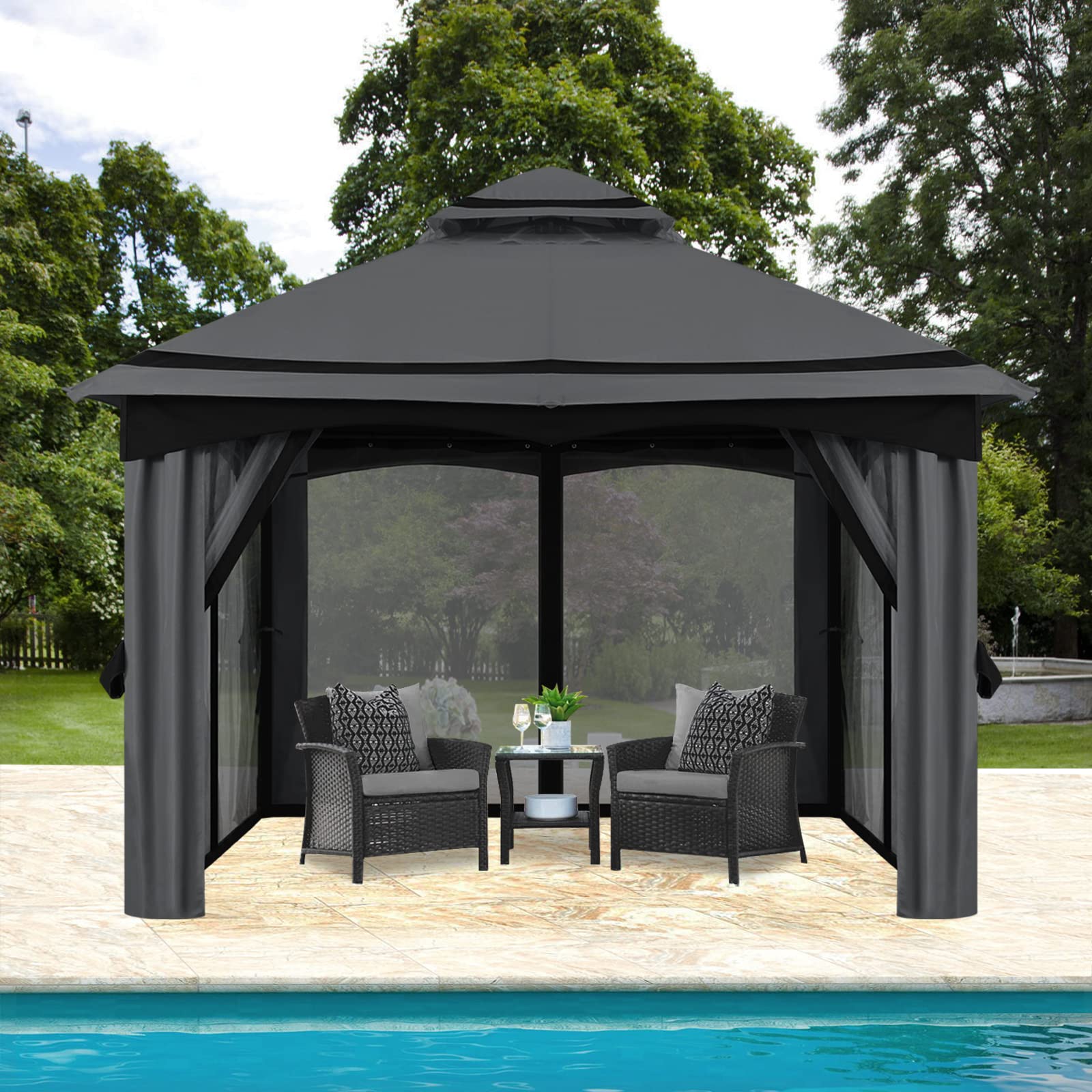 MASTERCANOPY 8x8FT Outdoor Patio Gazebo with Mosquito Netting for Backyard, Patio, Garden Dark Gray/Black