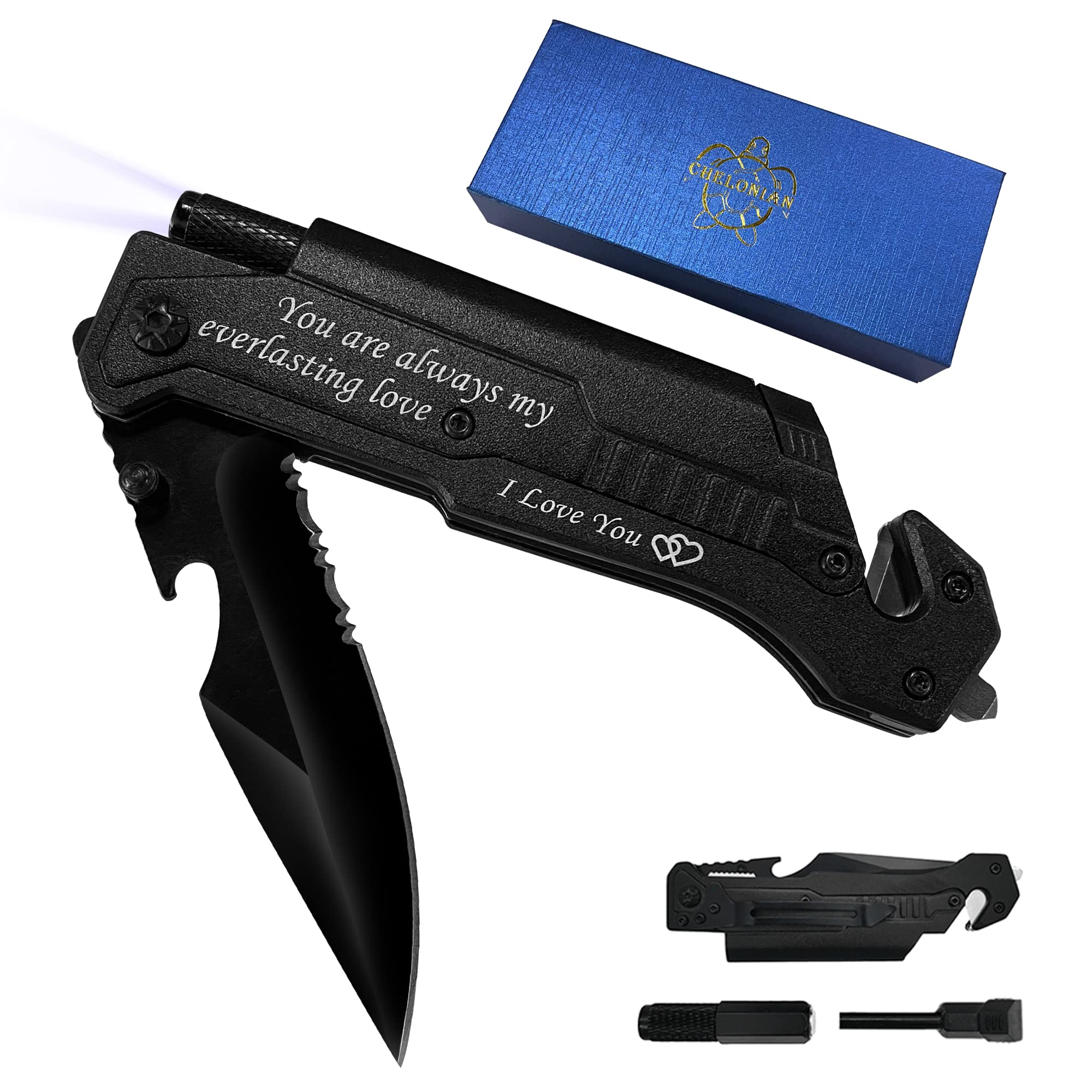 CHELONIAN Engraved Pocket Knife for Men,6 in 1 Multifunction Folding Knives with Fire Starter,LED Light,Seatbelt Cutter,Glass Breaker,Bottle Opener,Anniversary Presents,Birthday Gifts