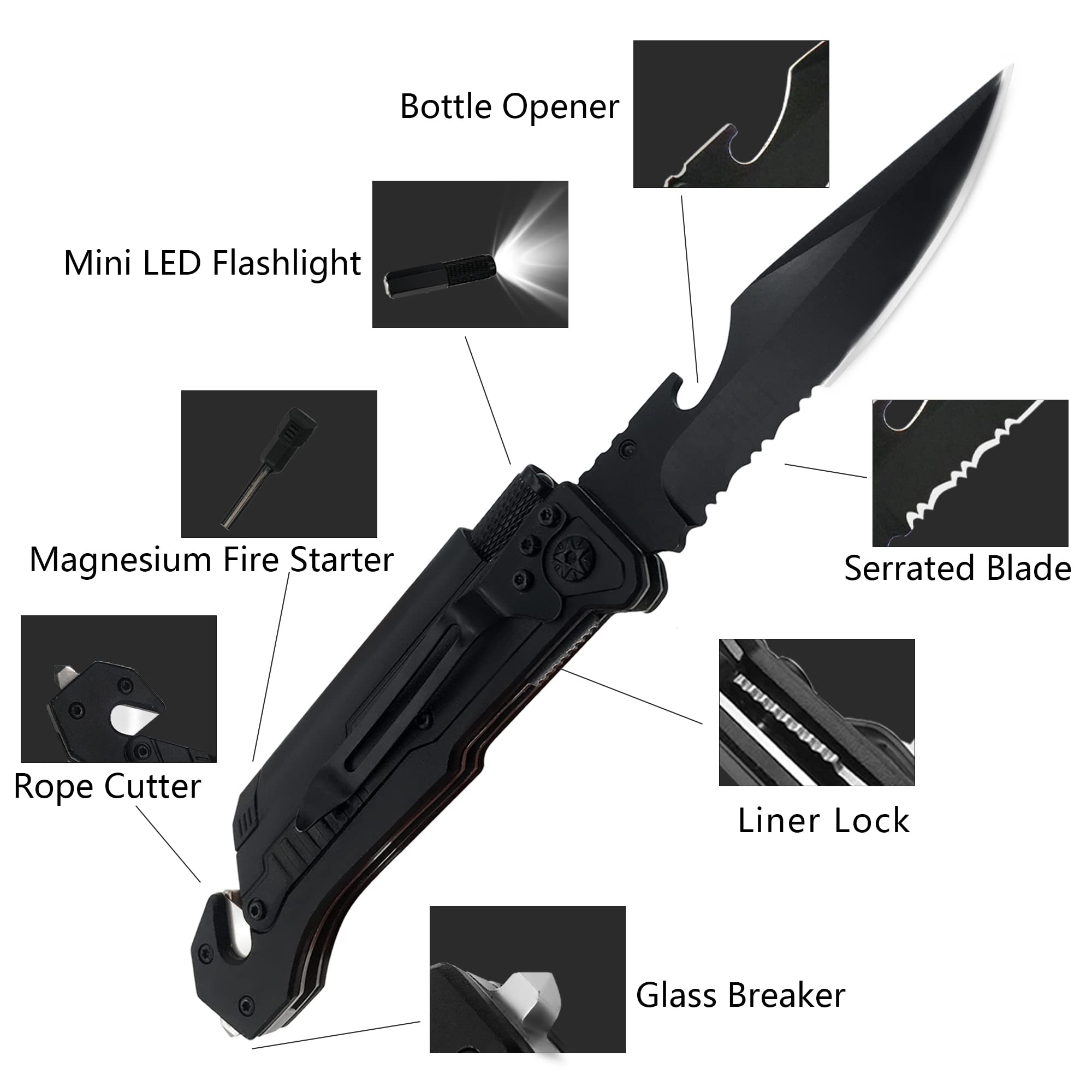 CHELONIAN Engraved Pocket Knife for Men,6 in 1 Multifunction Folding Knives with Fire Starter,LED Light,Seatbelt Cutter,Glass Breaker,Bottle Opener,Anniversary Presents,Birthday Gifts