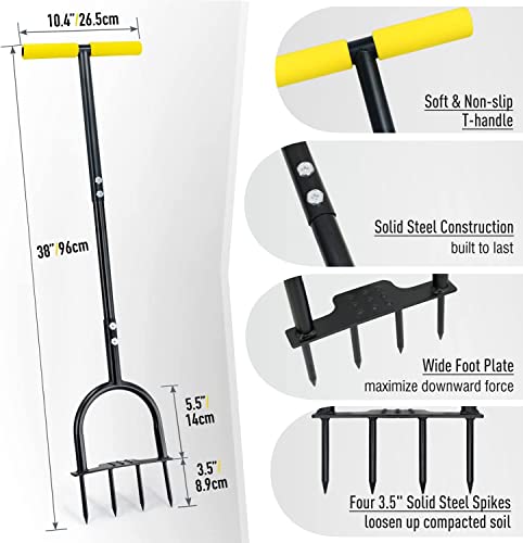 Colwelt Spike Lawn Aerator, Manual Aerator for Compacted Soils and Lawns, Non-Slip T-Handle Spike Aeration with Four 3.5-Inch Solid Steel Spikes, 38-Inch