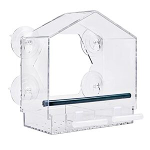 Fubullish Window Bird Feeder, Large Bird House Feeders for Outside with 4 Strong Suction Cups & 2 Extra Bird Stands, Removable Tray and Drain Holes, Birdhouse Shape, Clear Acrylic for Bird Watching