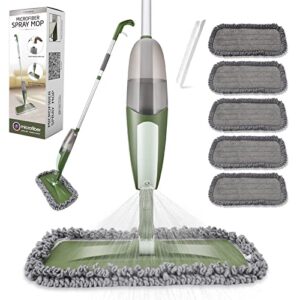 microfiber spray mop for floor cleaning, microfiber wet spray mop with 550ml water bottle and 5 pcs reusable pads, dry wet kitchen mop for hardwood laminate tile ceramic surface, 1 free scaper