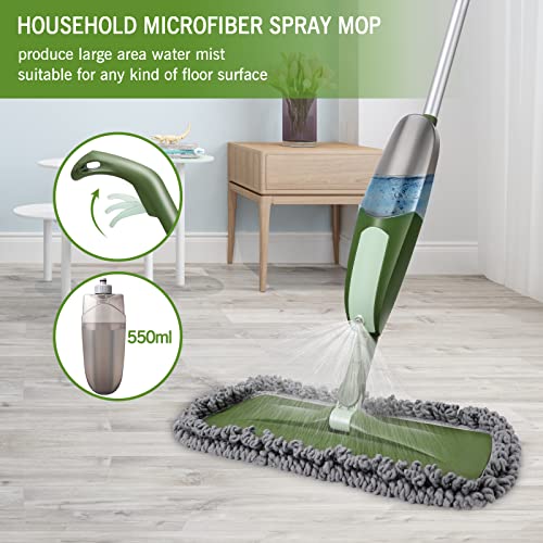 Microfiber Spray Mop for Floor Cleaning, Microfiber Wet Spray Mop with 550ML Water Bottle and 5 Pcs Reusable Pads, Dry Wet Kitchen Mop for Hardwood Laminate Tile Ceramic Surface, 1 Free Scaper