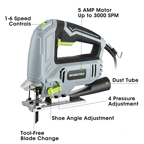 WORKPRO Jig Saw, Heavy Duty Design, 5 AMP 3000 SPM, Jigsaw Tool Corded Electric Power Cutter for Wood, Metal and Plastic Cutting, 7 Blades