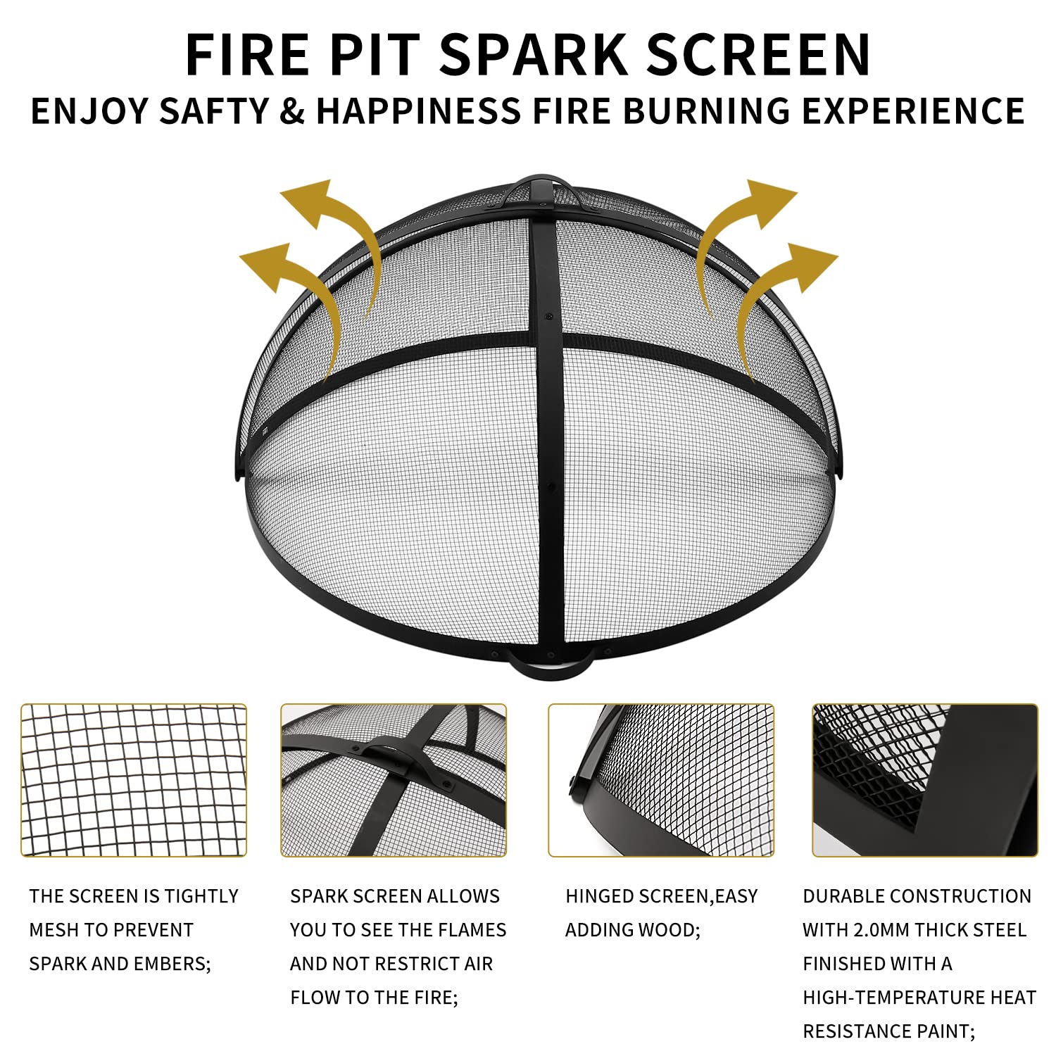 Outdoor Fire Pit Spark Screen Cover Accessory, 36In Patio Round Easy-Opening Fire Mesh Screen Guard, Heavy Duty Steel Firepit Ember Lid with Hinge