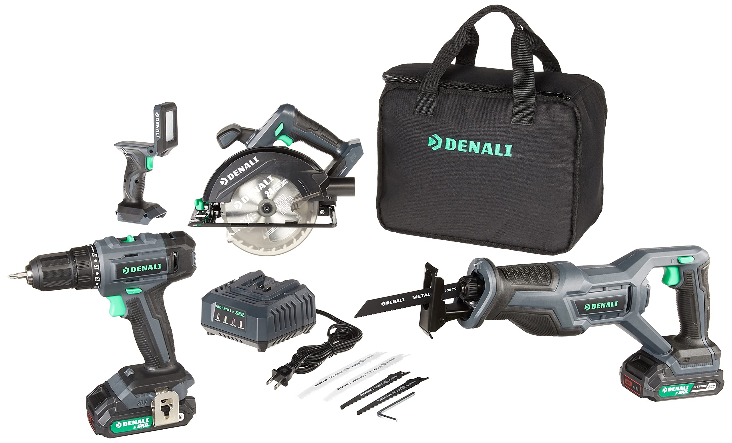 Amazon Brand - Denali by SKIL 20V Cordless Drill, Reciprocating & Circular Saw, Work Light With (2) 2.0Ah Lithium Batteries, 2.4A Charger & Carry Bag