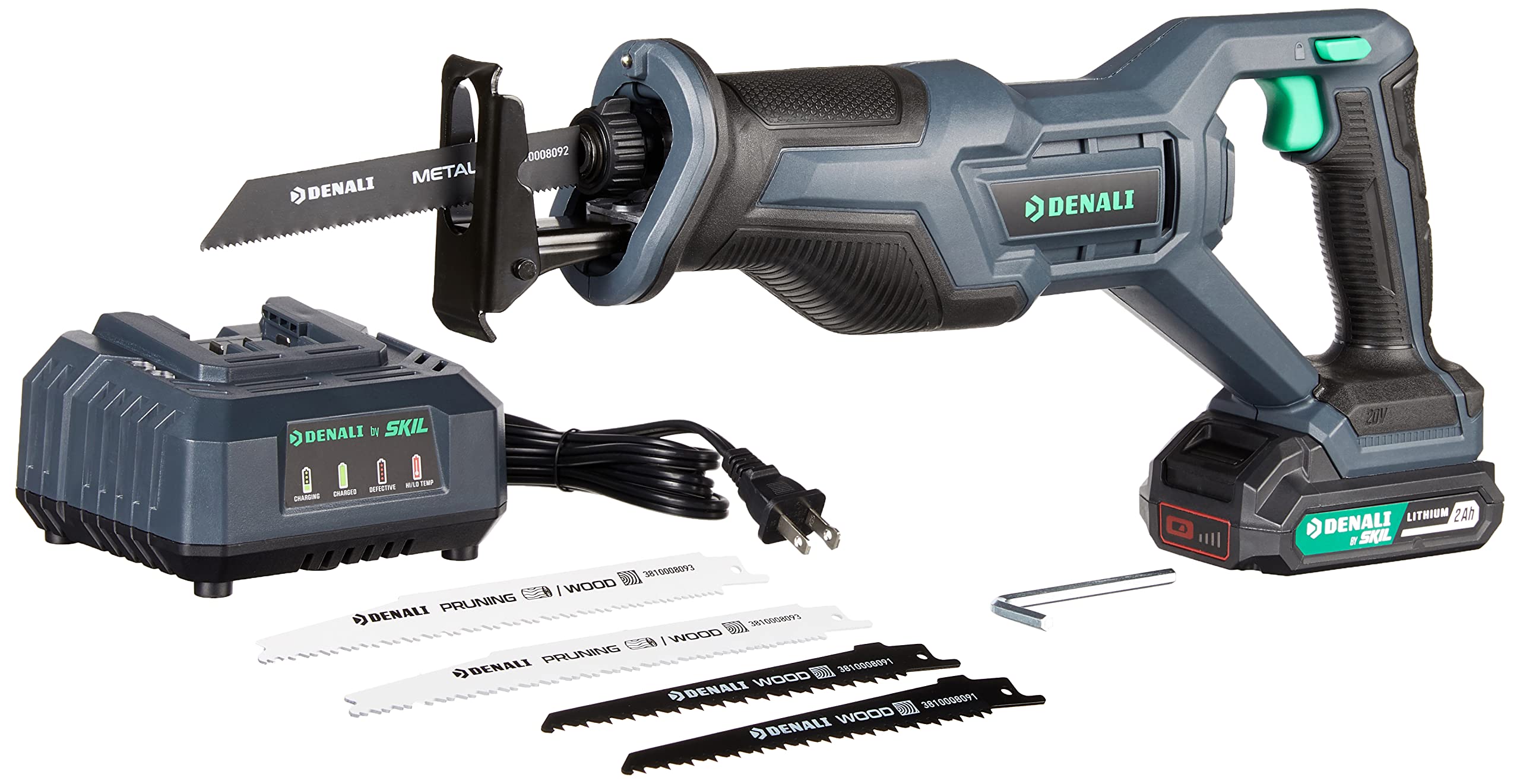 Amazon Brand - Denali by SKIL 20V Cordless Reciprocating Saw Kit with 2.0Ah Lithium Battery and 2.4A Charger, Blue