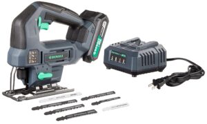 amazon brand - denali by skil 20v cordless jig saw kit with 2.0ah lithium battery and 2.4a charger, blue