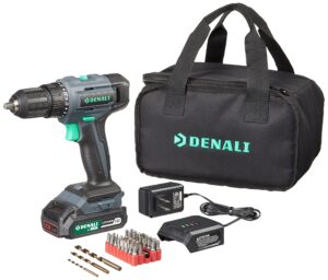 amazon brand - denali by skil 20v drill driver kit with 36 piece bit set, includes 2.0ah lithium battery, 1a compact charger and carry bag, blue