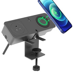 desk clamp power strip usb c, desk mount power strip with ac outlet/2 usb ports/15w wireless charger station, desktop surge protector pd 20w usb c fast charging, fit 2.16" tabletop edge