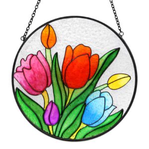 tuitessine tulip suncatcher stained glass window hanging panels, 6.3''x6.3'' round handmade hanging ornament with chain, garden patio wall decor flower gift for mom teachers friends