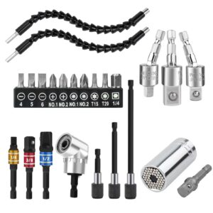 mxiixm flexible drill bit extension hex shank kit 25pcs, 105° right angle drill attachment, 1/4 3/8 1/2" rotatable socket adapter set, universal socket wrench, drill bit holder screwdriver with box