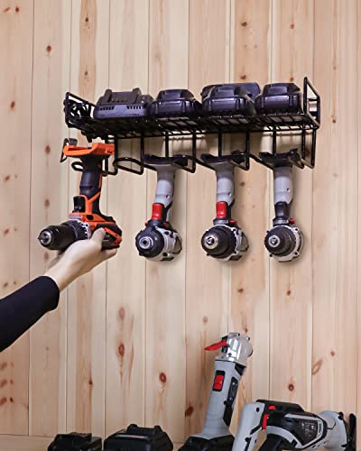 JoyPlus Heavy Duty Power Tool Drill Rack | Handheld & Power Tool Storage Organizer Wall Mounted Storage Rack Electric Drill Holder | Compact Steel Design (Drill Rack & Tool Shelf 2-in-1)