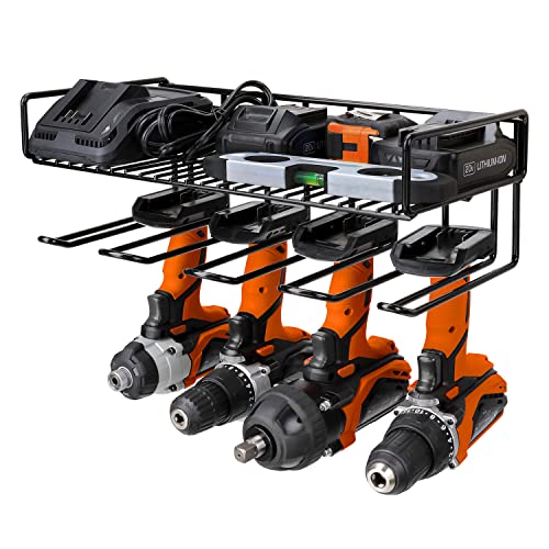 JoyPlus Heavy Duty Power Tool Drill Rack | Handheld & Power Tool Storage Organizer Wall Mounted Storage Rack Electric Drill Holder | Compact Steel Design (Drill Rack & Tool Shelf 2-in-1)