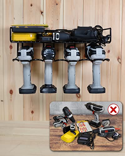 JoyPlus Heavy Duty Power Tool Drill Rack | Handheld & Power Tool Storage Organizer Wall Mounted Storage Rack Electric Drill Holder | Compact Steel Design (Drill Rack & Tool Shelf 2-in-1)