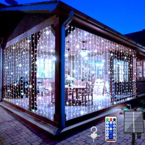 solar curtain lights outdoor garden 300 led fairy string lights 8 modes remote control waterproof solar waterfall lights for gazebo patio party home festival wedding wall christmas decorations(white)