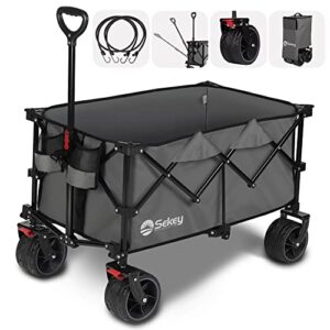 sekey 220l collapsible foldable wagon with 330lbs weight capacity, heavy duty folding utility garden cart with big all-terrain beach wheels & drink holders. grey