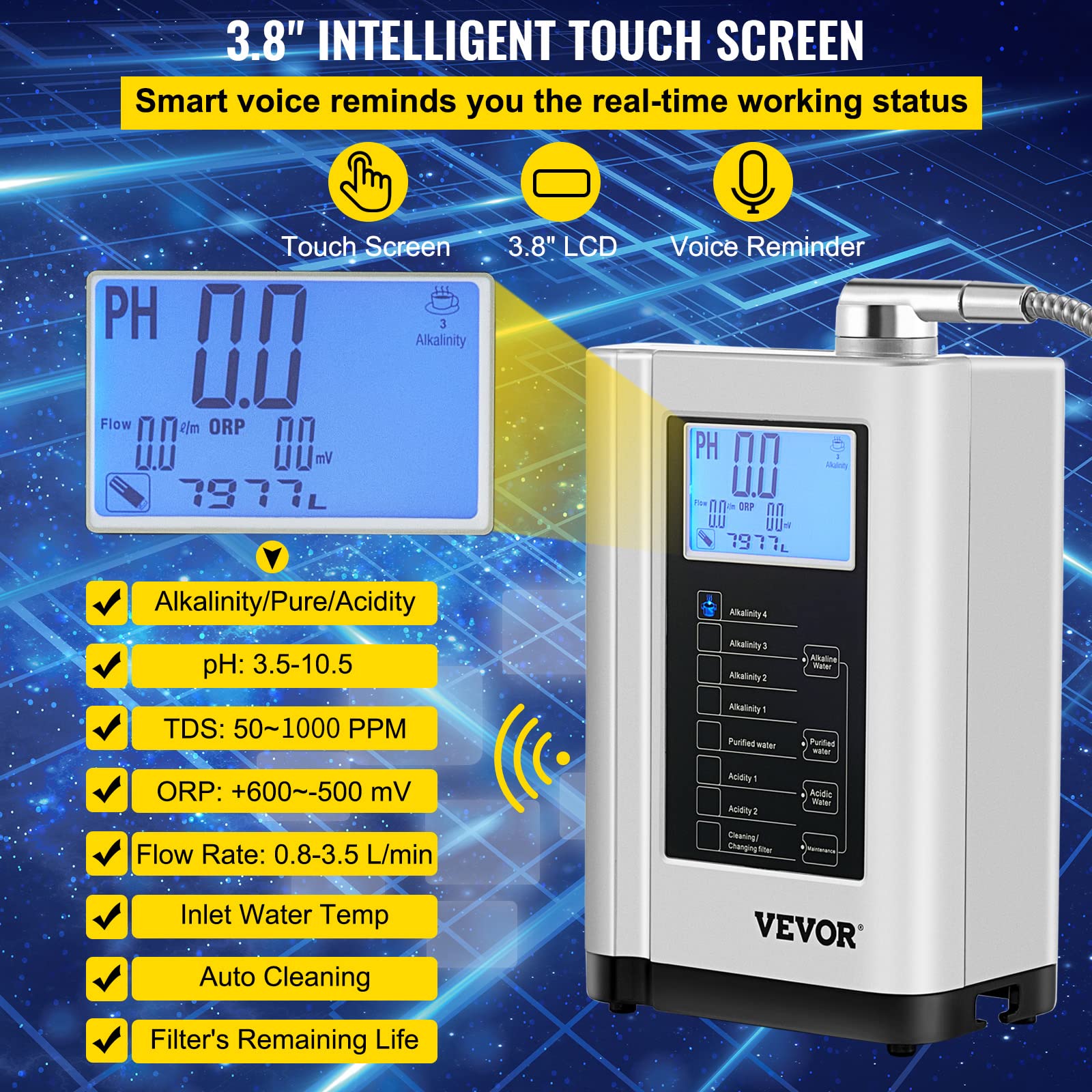 VEVOR Water Ionizer Machine, 7 Water Settings, Alkaline Acid Home Filtration System w/ 3.8" LCD Touch Panel, pH3.5-10.5 Kangen Water w/ 6000L Replaceable Filter, up to 1000PPM TDS & -500mV ORP, Silver