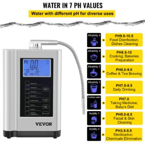 VEVOR Water Ionizer Machine, 7 Water Settings, Alkaline Acid Home Filtration System w/ 3.8" LCD Touch Panel, pH3.5-10.5 Kangen Water w/ 6000L Replaceable Filter, up to 1000PPM TDS & -500mV ORP, Silver