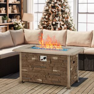 vicluke 44 inch aluminum propane fire pit table w/faux ledgestone, hand-painted table top, 50,000 btu fire table w/csa certification,waterproof cover,glass rock for outdoor,patio,christmas(brown)