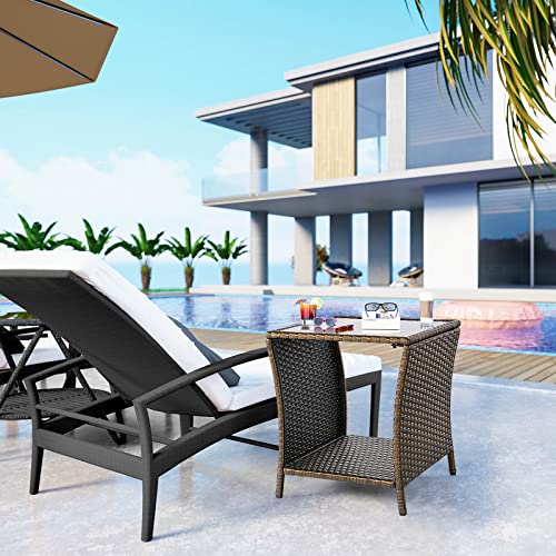Wicker Side Table Porch Square Side Coffee Table with Glass Top and Storage Small End Tables Outdoor Porch Sofa Tables or Patio Lawn Balcony Pool Decoration Gold