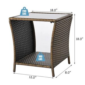 Wicker Side Table Porch Square Side Coffee Table with Glass Top and Storage Small End Tables Outdoor Porch Sofa Tables or Patio Lawn Balcony Pool Decoration Gold