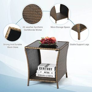 Wicker Side Table Porch Square Side Coffee Table with Glass Top and Storage Small End Tables Outdoor Porch Sofa Tables or Patio Lawn Balcony Pool Decoration Gold