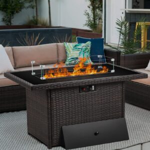 vakollia propane fire pit table,44 inch 55000 btu outdoor gas fire pit rectangular with glass wind guard for outside patio deck (brown-glass top)