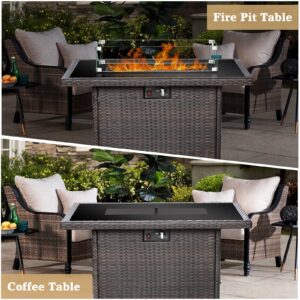 Vakollia Propane Fire Pit Table,44 Inch 55000 BTU Outdoor Gas Fire Pit Rectangular with Glass Wind Guard for Outside Patio Deck (Brown-Glass Top)