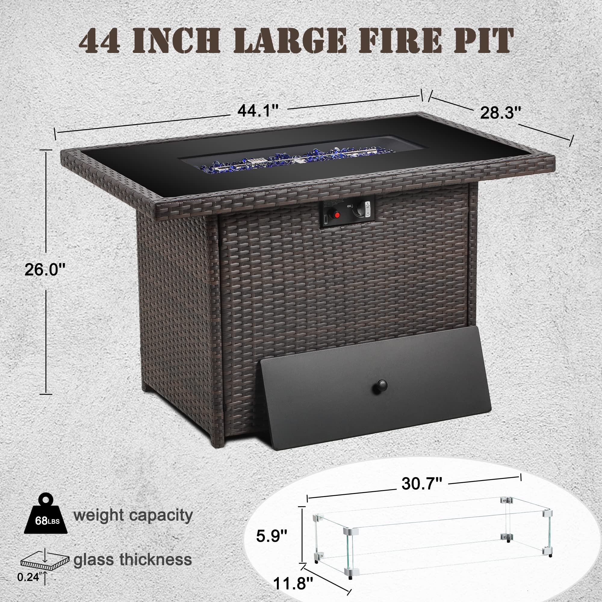Vakollia Propane Fire Pit Table,44 Inch 55000 BTU Outdoor Gas Fire Pit Rectangular with Glass Wind Guard for Outside Patio Deck (Brown-Glass Top)