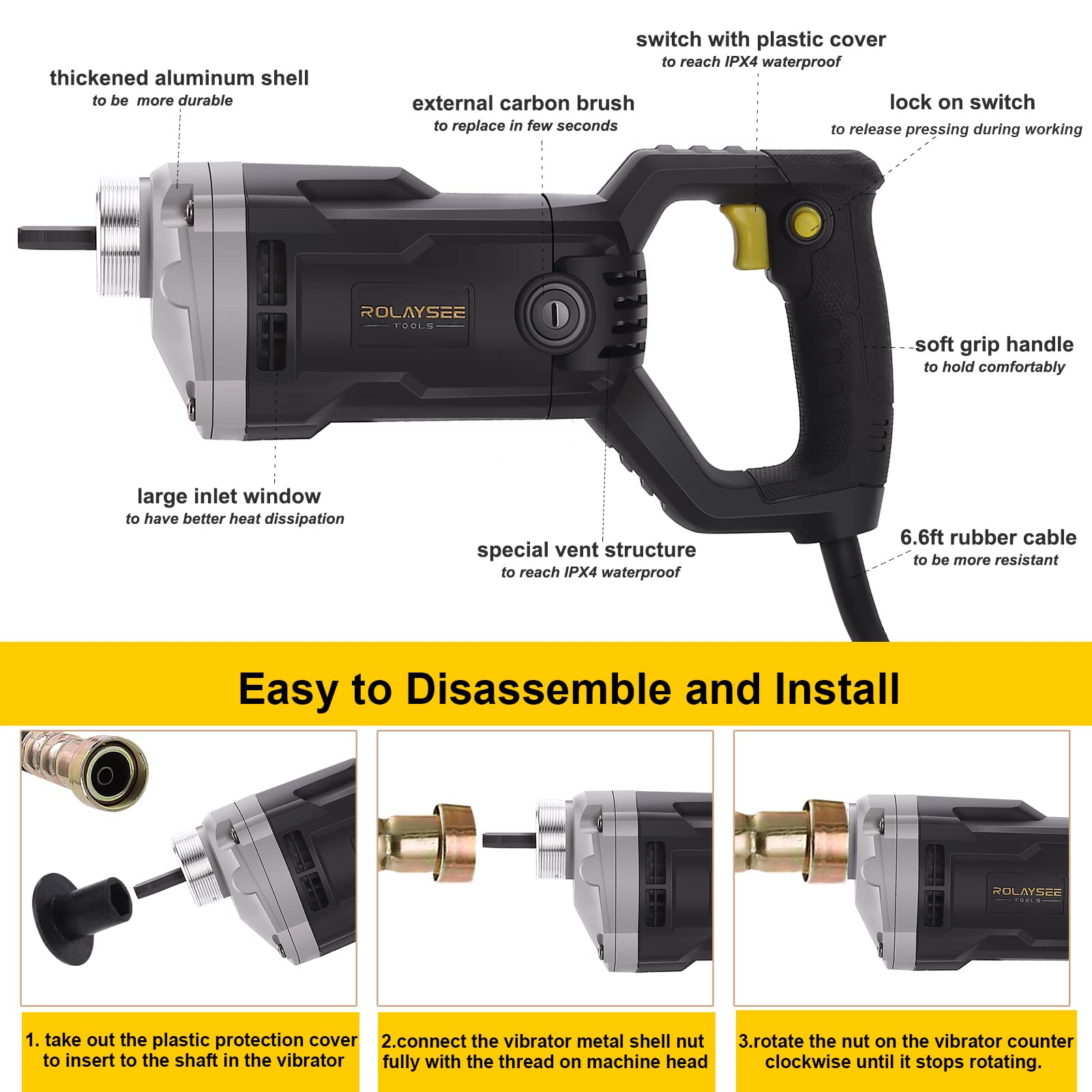 Handheld Concrete Vibrating Tool, 1500W Electric Concrete Vibrator with 6.6ft Shaft Rod, 14400VPM Portable Pencil Cement Vibrarator Remove Air Bubble and Mix Concrete, ROLAYSEE TOOLS