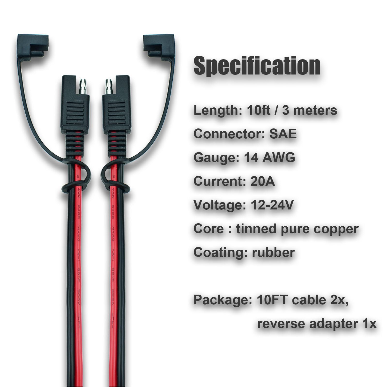 Ihurllu SAE Extension Cable, 10Feet SAE to SAE Extension Cord, 14AWG 2pin Quick Disconnect Harness Wire for Solar Panel and Battery Charging, 2PACK with One Reverse Polarity Connector