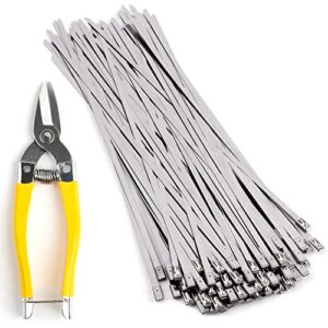 100 Pcs Stainless Steel Zip Ties Comes With Cutting Tools, Metal Cutting Shears for Cutting Stainless Steel Cable Ties -Suitable For Gardens, Farms, Chain Link Fences, Vehicles, Etc.