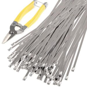 100 pcs stainless steel zip ties comes with cutting tools, metal cutting shears for cutting stainless steel cable ties -suitable for gardens, farms, chain link fences, vehicles, etc.