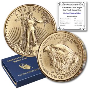 2022 1/10 oz american gold eagle coin brilliant uncirculated with original united states mint box and certificate of authenticity $5 bu