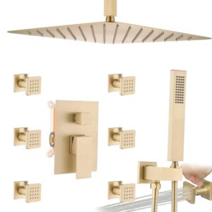 enga body jets shower system with on-off switch, 16 inch ceiling rain shower head with jets shower faucet fixture complete set brushed gold