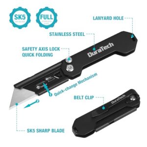 DURATECH 2-Pack Folding Utility Knife, Mini Box Cutter with Safety Axis Lock, Belt Clip, Quick-change Blade Mechanism, Full Stainless Steel Body and SK5 Sharp Blade, EDC Pocket Knife Gifts for Men