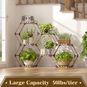 Tikea Plant Stand Indoor Outdoor Hexagonal Plant Stand for Multiple Plants Indoor Large Wooden Plant Shelf 7 Tiered Creative DIY Flowers Stand Rack for Living Room Balcony Patio Window